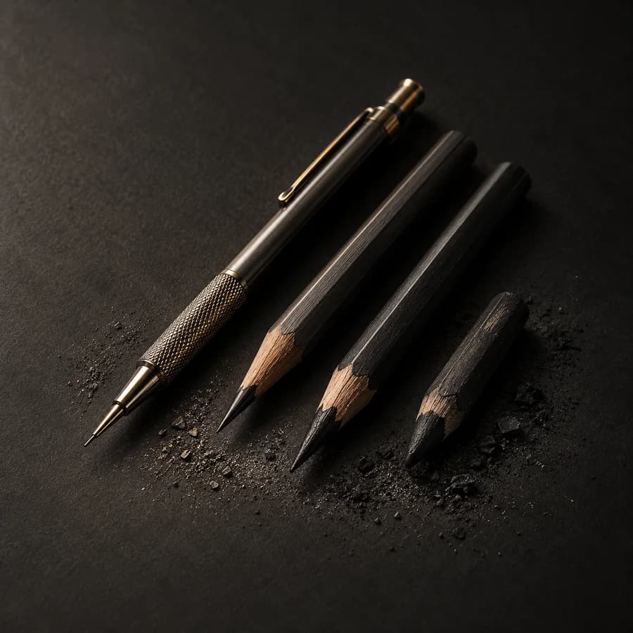 Mechanical and graphite pencils arranged on dark drawing paper